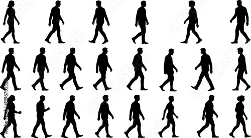 Collection of diverse human walking silhouettes in motion, showcasing different postures, strides, and gestures isolated on white background for design use