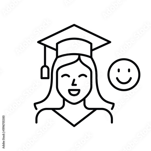 Happy graduate woman in mortar board and smiley face. Education and degree, academic success in life. University satisfaction. Pixel perfect, editable stroke vector icon