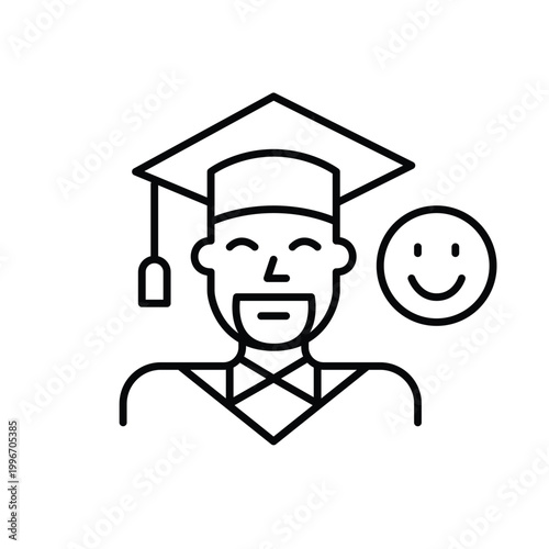 Happy graduate man in mortar board and smiley face. Education and degree, academic success in life. University satisfaction. Pixel perfect, editable stroke vector icon