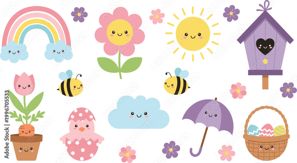 Naklejka premium Cute spring elements collection with rainbow sun flowers bees and Easter decorations, kawaii cartoon illustration set for kids