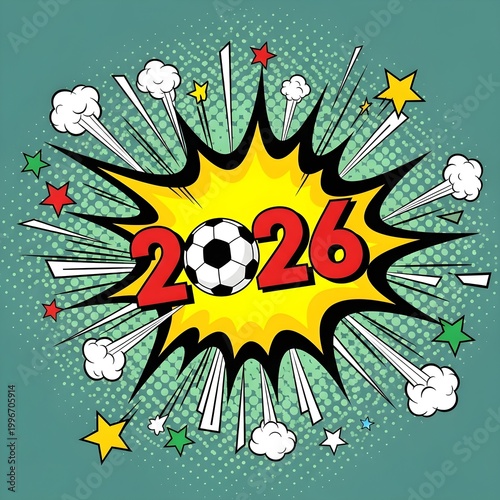 Explosive soccer ball 2026 comic book theme with dynamic motion lines and colorful accents.