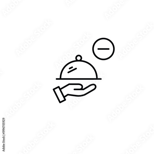 Food cloche in hand with minus symbol. Meal removed, order cancelled. Pixel perfect, editable stroke vector icon