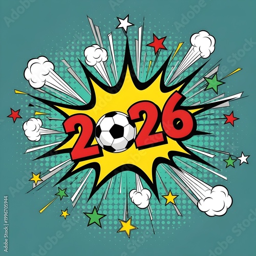 Pop art football illustration with 2026 text and explosion effects on green halftone dots.