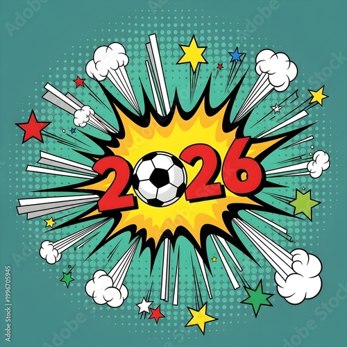 Comic book style soccer ball 2026 world cup celebration graphic on teal halftone background.