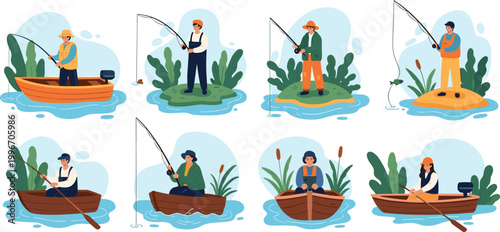 People fishing set with anglers in boats and lakes, outdoor recreation activity illustration collection with rods and nature scenes