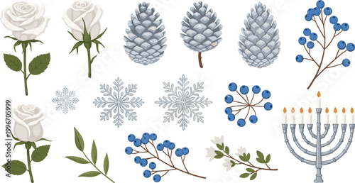 Winter Holiday Vector Set with White Roses, Pinecones, Snowflakes, Blue Berries, and Menorah for Seasonal, Christmas, and Hanukkah Designs