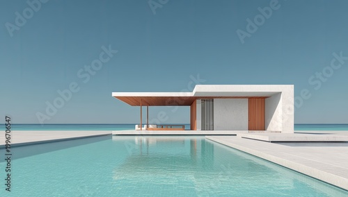 Modern beachfront house with pool. Minimalist design with a clear blue sky and ocean