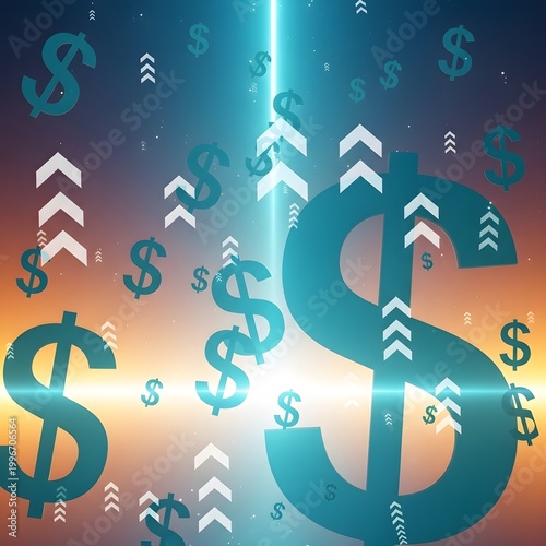 Abstract image of dollar symbols and up arrows with light beam representing financial growth.
