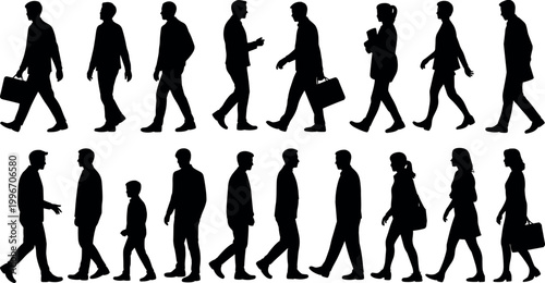 Silhouettes of people walking and standing, including adults and child figures, isolated on white background for urban lifestyle design projects