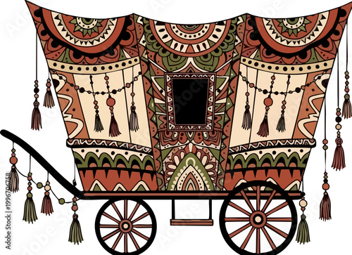 Bohemian gypsy wagon vector illustration, ornate vintage caravan with ethnic patterns and tassels, traditional nomadic vardo carriage design