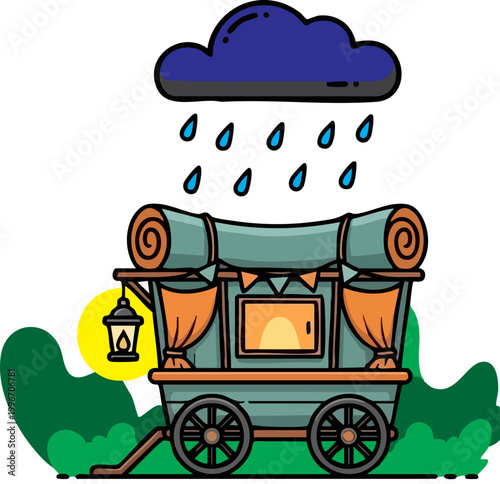 Vintage gypsy wagon illustration, traditional vardo caravan in the rain, nomadic traveler cart with lantern and storm cloud vector