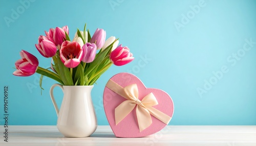 Pink Tulips and Heart-Shaped Gift Box.
