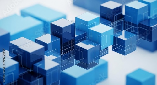 Abstract Design with Geometric Blocks in Blue Tones and Patterns