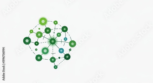 Abstract Green Circles and Dots Connected by Fine Lines on White Background