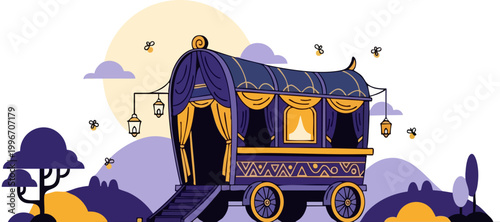 Bohemian gypsy wagon vector illustration, vintage vardo caravan with ornate curtains and lanterns, whimsical traveling circus carriage in nature