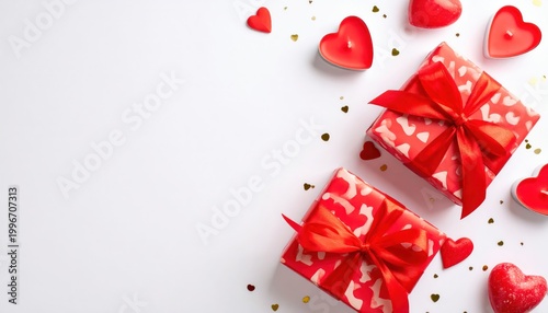 Red Gift Boxes with Hearts on White.