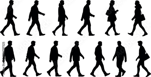 Twelve walking silhouettes of men and women in profile view, isolated on white background, showcasing diverse human gait, posture, and accessories