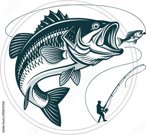 Fishing illustration with big bass fish and angler catching prey, detailed sport fishing design with lure and rod
