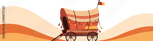 Vintage covered wagon in desert landscape, wild west pioneer carriage vector illustration, rustic western stagecoach with decorative canvas