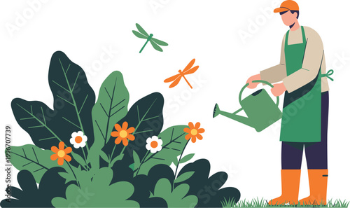 Gardener watering plants in garden with flowers and foliage, outdoor gardening activity illustration with nature and eco lifestyle concept