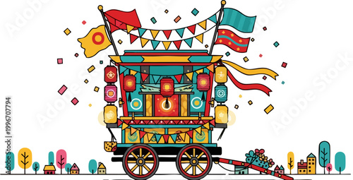 Japanese festival float vector illustration, traditional matsuri dashi cart with lanterns and bunting, colorful cultural parade wagon with confetti