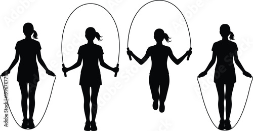 Female athlete skipping rope collection silhouette vector icon set for cardio exercise healthy lifestyle wellness activity and physical body training.