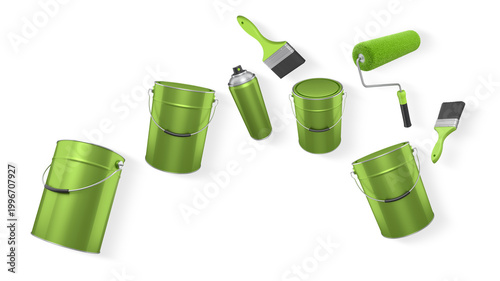 Tableau sur toile Assortment of paint brushes, rollers, cans, and spray paint isolated on white ba