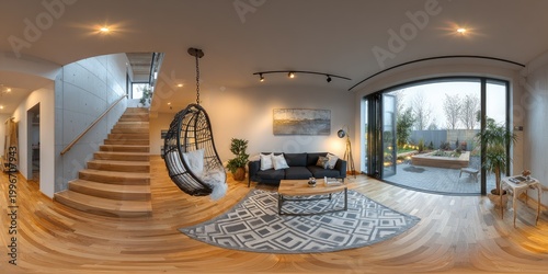 Modern living room interior with stairs, patio, and hanging chair