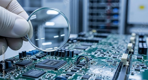 Close-Up Inspection of Circuit Board with Magnifying Glass in Lab