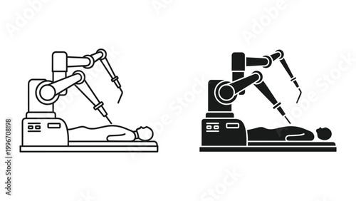 Robotic surgery illustration with line and solid black versions of a medical robot performing operation on a patient