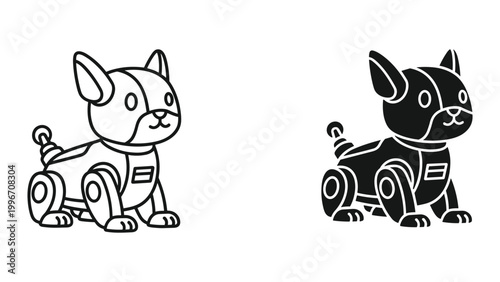 Two robotic dog illustrations in black and white on a pure white background