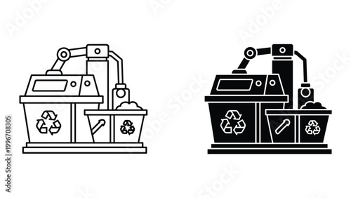 Recycling facility with robotic arms sorting waste into bins on white background