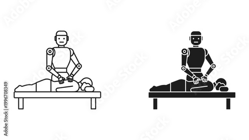 Robot performing cpr on a person lying on a table in black and white line art style
