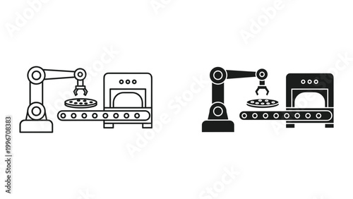 Industrial robotic arms handling a plate with holes in a factory setting with conveyor belt and oven