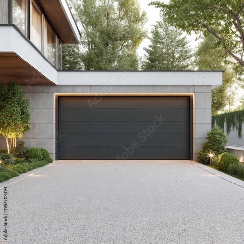 Modern luxury house exterior featuring sleek dark garage door and concrete facade with ambient architectural lighting and lush green landscaping during twilight hour in contemporary residential estate