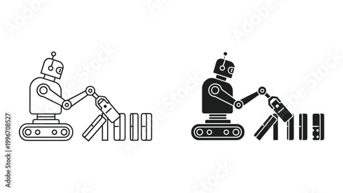 Two robots are shown building with blocks on a white background in black and white