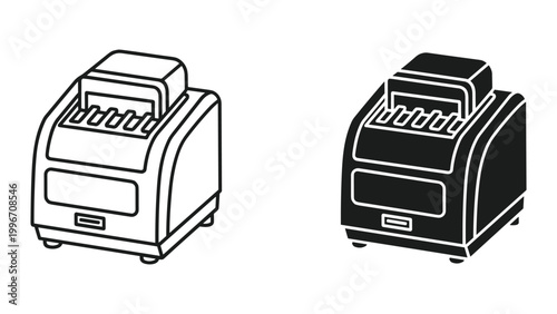 Vector illustration of two bill counter machines in black and white on a white background