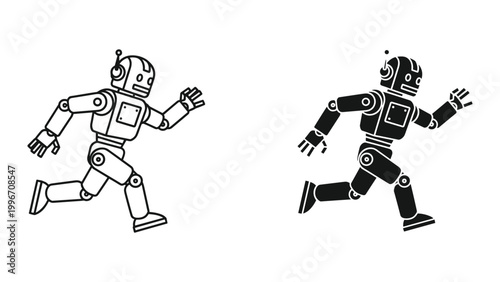 Two robots running side by side in black and white on isolated white background