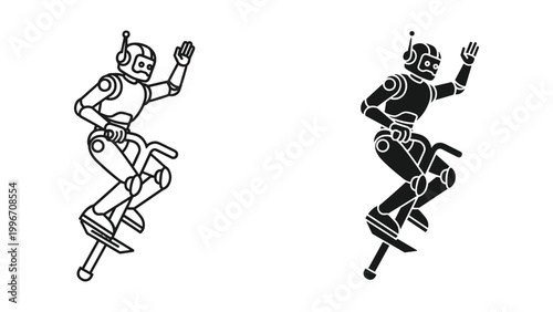 Two robot illustrations riding exercise bikes in dynamic poses isolated on white background