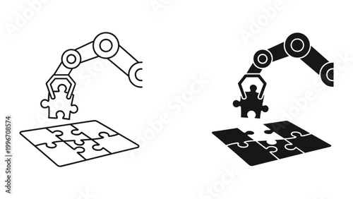 A robotic arm placing puzzle pieces on a jigsaw puzzle on a white background with black and white line icons