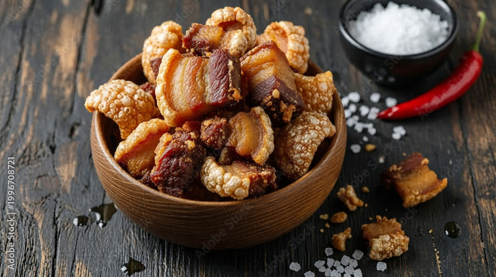 Fototapeta premium Crispy golden pork cracklings with rustic flavor, chili spice and authentic comfort delight.
