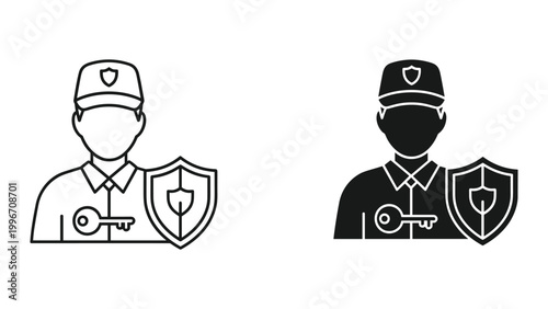 Vector illustration of security guards with shield and key on white background