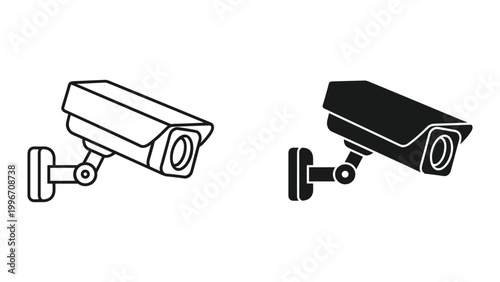 Two security cameras in black and white line art and silhouette styles for surveillance and safety concepts