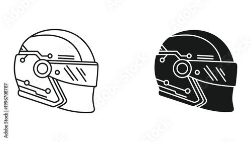 Vector illustration of futuristic robotic or motorcycle helmets in black and white