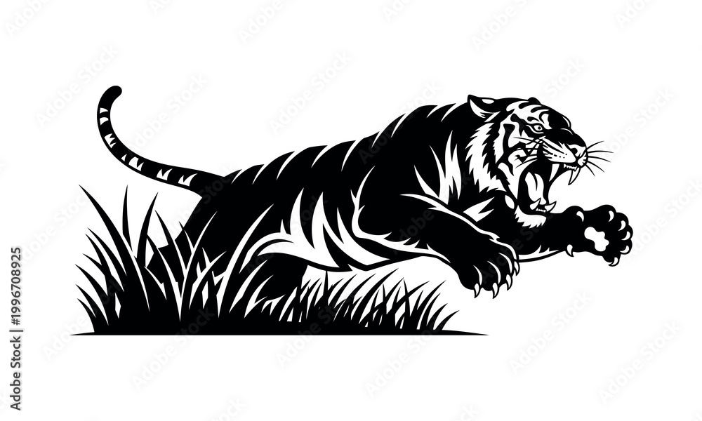 Obraz premium Tiger Attack Silhouette Vector Pack, Wild Animal Predator Illustration Collection