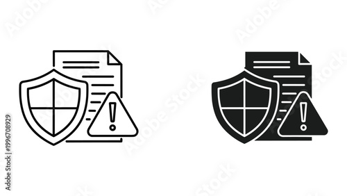 Black and white line icons of security shield and document warning signs for cybersecurity concept isolated on white background