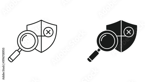 Black and white line icons of magnifying glass and shield with an x marked through it for security or protection concepts isolated on white background