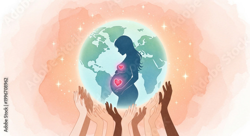  International Day of the Midwife Motherhood Diverse Hands Supporting a Pregnant Woman Within a Luminous Earth, Symbolizing New Life, Care, and Universal Unity