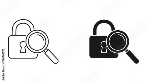Vector illustration of padlock and magnifying glass icons in black and white for security and investigation concepts