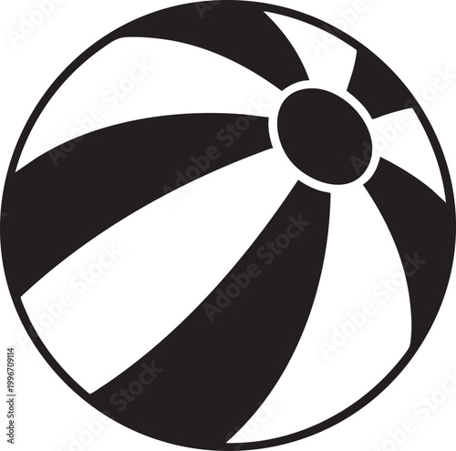 Black and white beach ball, striped inflatable icon, summer recreational symbol, monochrome design element